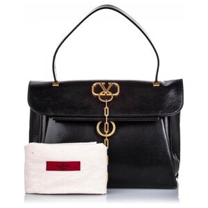 Valentino Black and Gold V-Chain Vlogo Adjustable Leather Tote Top Handle Bag